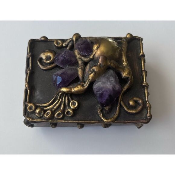 Rare Carvalhu’s Copa Collection Rio Brazil Brutalist Metal Amethyst Trinket Box - Picture 1 of 11